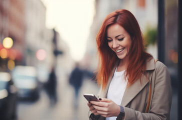 attractive beautiful young red hair or European woman using and texting on her smart phone mobile