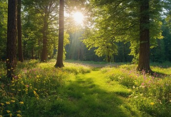 Obraz premium Scenic forest of fresh green deciduous trees framed by leaves, with the sun casting its warm rays through the foliage
