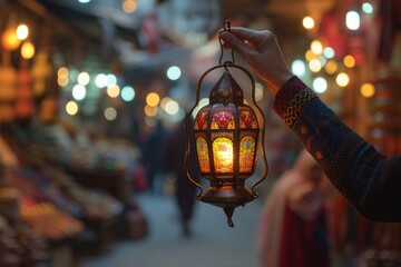 lantern is spherical with detailed metalwork and emits a warm market - obrazy, fototapety, plakaty