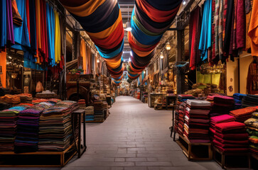 Exotic market with vibrant fruits, colorful fabrics, and market stalls, creating an atmosphere of cultural diversity