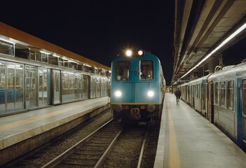 Naklejka premium Retro steam train departs from the railway station at sunset.