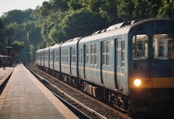 Obraz premium Retro steam train departs from the railway station at sunset.