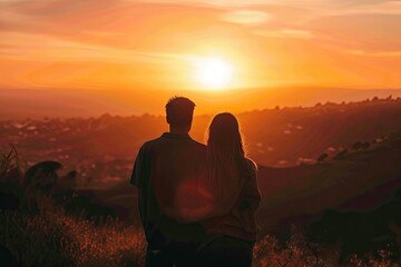 Romantic couple enjoying sunset silhouette against beautiful sky. Love and happiness in nature young man and woman embracing outdoors. Togetherness during golden moments in mountains spring romance