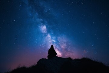 person sitting on rocks and gazing at the mesmerizing night sky