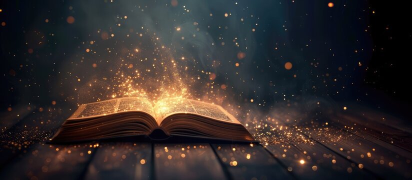 Generative AI, open antique book on the table with magic lights, glitter blurred overlay, dark background	
