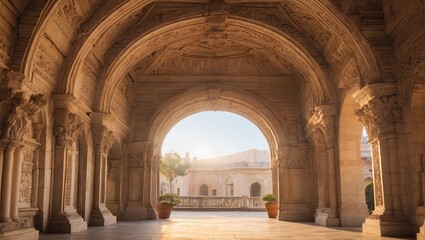 Historic Stone Archway with Sunlit Courtyard