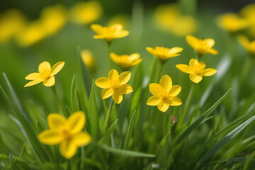 Close-up of yellow buttercup flowers in a green field on a sunny day with a blurred background