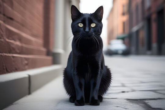 Black Cat Sitting on Sidewalk in Front of Building, Blurred Background