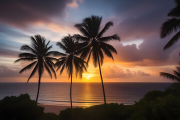 Fototapeta na wymiar Beautiful picturesque sunset on the seashore with palm trees.