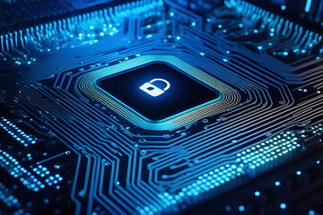Blue Circuit Board With Glowing Padlock Cybersecurity and Technology Illustration
