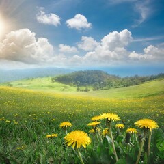 There are fresh meadows and yellow dandelion flowers on the beautiful grassland