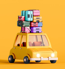 Cute yellow car with luggage on the roof ready for travel on yellow background. 3D Rendering, 3D Illustration