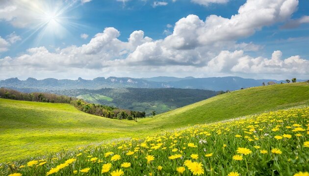 There are fresh meadows and yellow dandelion flowers on the beautiful grassland
