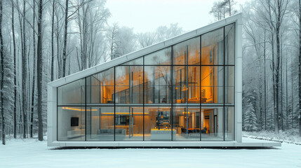 Modern luxury chic large villa house in a natural forest environment winter landscape