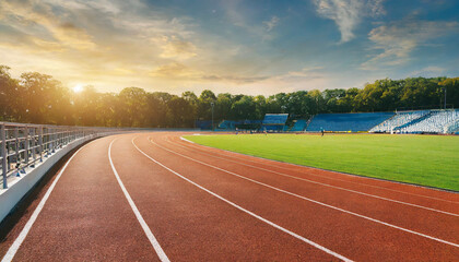 Pristine Running Track in stadium on the evening with sunset.