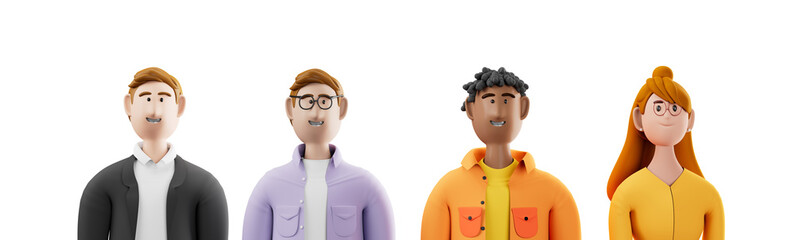 3D illustration of smiling people close up portraits set on white background.	