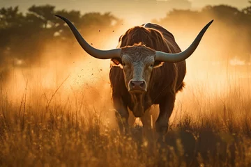 Tragetasche A large bull raises dust with its furious running against the backdrop of sunset rays, a symbol of the state of Texas, bullfighting © Sunny