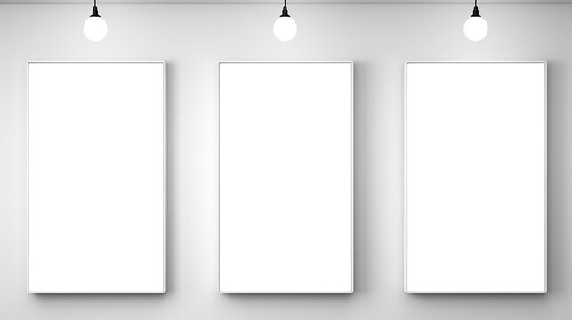 Blank white posters on a wall with lamps