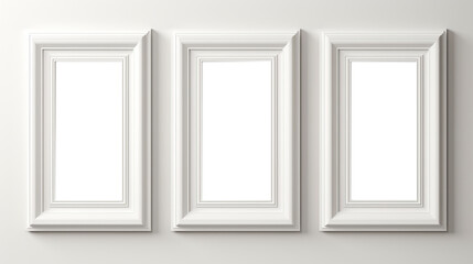 Three white frames on a white wall. 3d rendering mock up