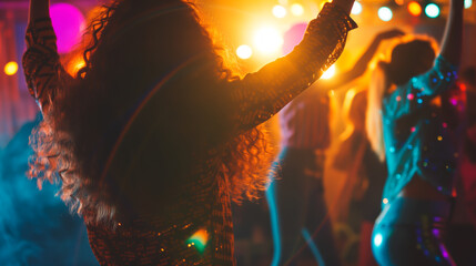 Retro club atmosphere with people dancing, shallow depth of field, vintage vibe.

