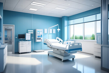 Blue and White Modern Hospital Room with Bed and Equipment near Window