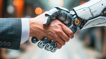 ロボットと握手するビジネスマンの手 - obrazy, fototapety, plakaty
