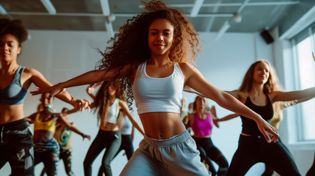 Energetic dance class with diverse group enjoying a latin rhythm workout in a gym

