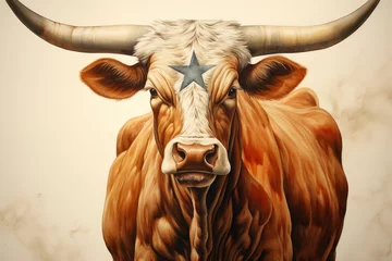 Foto auf Acrylglas Antireflex A large bull against the background of the American flag as a symbol of the state of Texas. Revolution or bullfight concept © Sunny