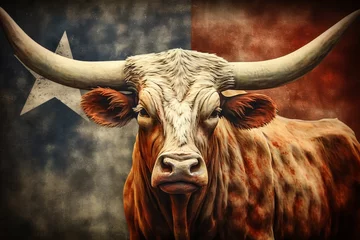Schilderijen op glas A large bull against the background of the American flag as a symbol of the state of Texas. Revolution or bullfight concept © Sunny