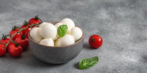 Mozzarella cheese balls in a bowl with basil leaves and cherry tomatoes, gray concrete background. Side view, selective focus. Banner