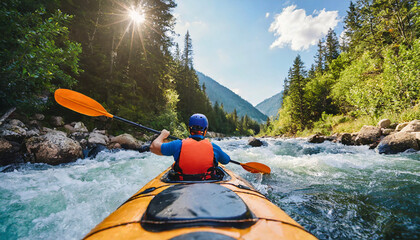 Whitewater kayaking, down a white water rapid river