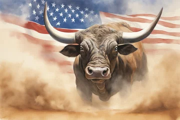 Foto auf Acrylglas Antireflex A large bull against the background of the American flag as a symbol of the state of Texas. Revolution or bullfight concept © Sunny
