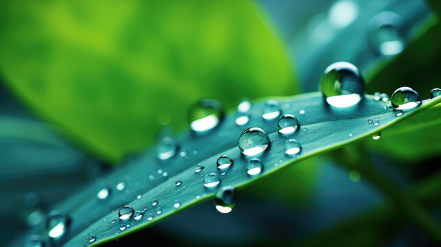  Raindrops on plant leaf. Background image in turquoise and green tones with bokeh.