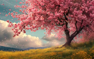 A beautiful cherry tree in full bloom, its tender flowers creating an enchanting display of nature's elegance