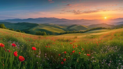 Beautiful panorama of rural landscape with sunrise and blossoming meadow