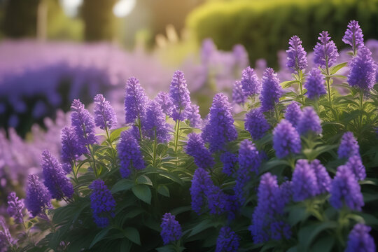 Close-up of beautiful purple flowers in a field with a blurred background of green foliage.
