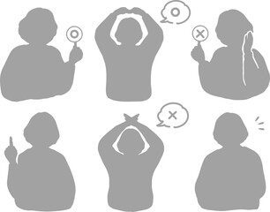 まるバツをジャッジするシニア・マチュア世代女性のシルエットイラストセット　グレー　