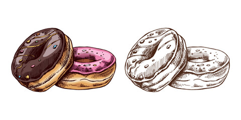 A hand-drawn colored and monochrome sketches of donuts. Vintage illustration. Pastry sweets, dessert. Element for the design of labels, packaging and postcards..