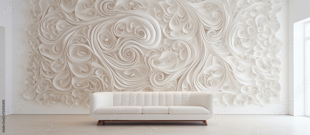 Poster a pristine white wall, adorned with intricate textures and patterns, creating a mesmerizing visual f