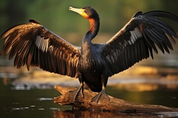 A great cormorant drying its wings after a swim at lake