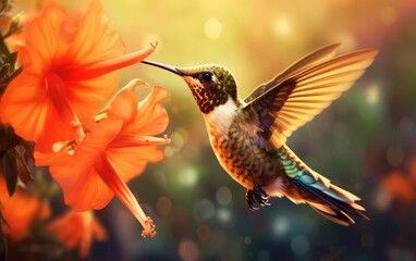 Hummingbird Sipping Nectar in Flight