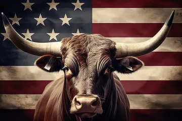Wandcirkels aluminium A large bull against the background of the American flag as a symbol of the state of Texas. Revolution or bullfight concept © Sunny