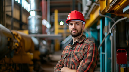 Portrait of Industry maintenance engineer man wearing uniform and safety hard hat on factory station. Industry, Engineer, construction concept