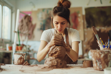 Photo of happy artist making in clay