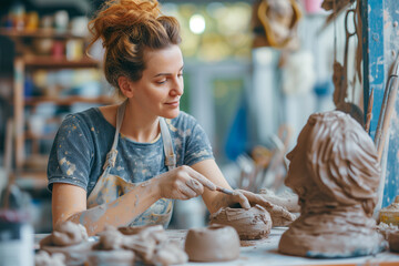 Photo of happy artist making in clay