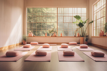 Yoga room interior with pink mats and big window.