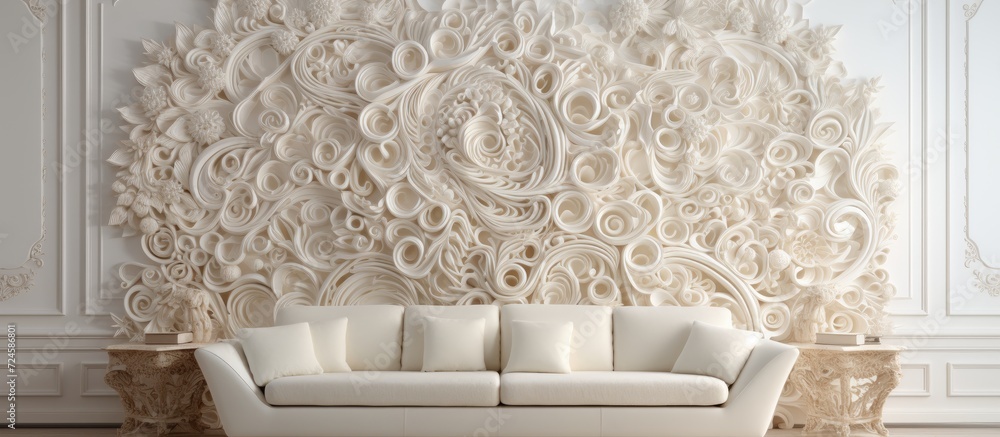 Poster a pristine white wall, adorned with intricate textures and patterns, creating a mesmerizing visual f