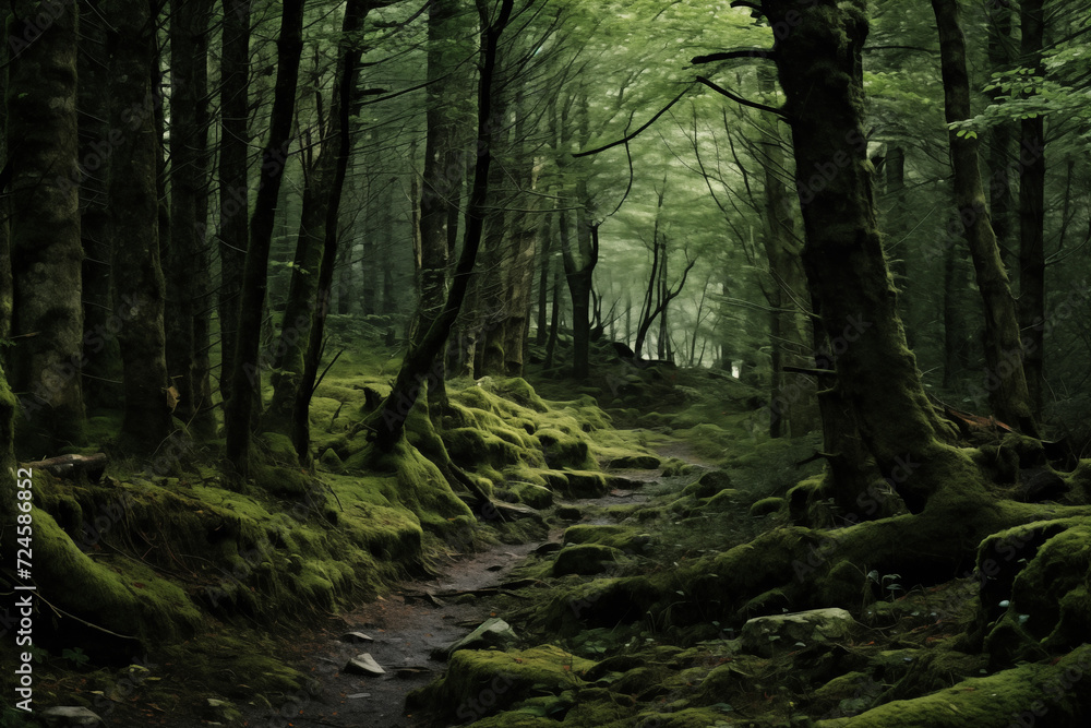 Poster mysterious dark forest with green moss and a path in the middle