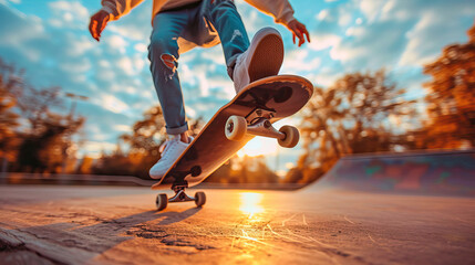 Legs of a boy riding a skateboard one afternoon at sunset - obrazy, fototapety, plakaty