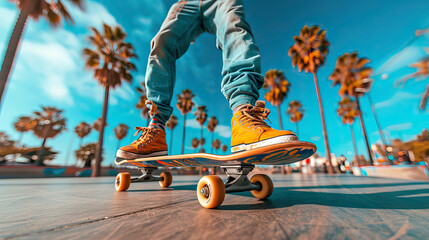Legs of a young man on a skateboard with the blue sky and palm trees in the background